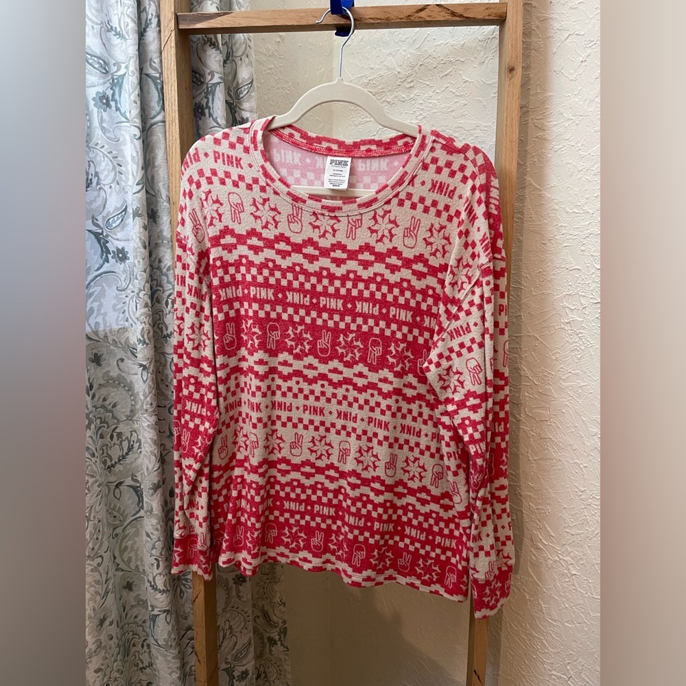 Vs Victorias Secret Pink Cozy Jersey Sleep Shirt Top Pajama Red Fair Isle M